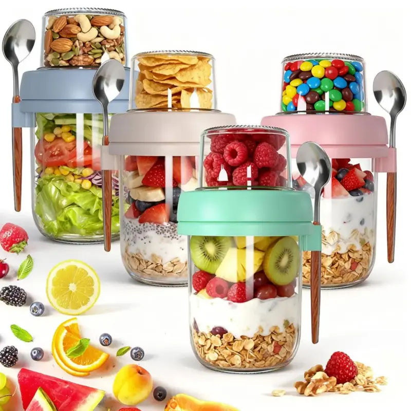 4PCS Double Layer Overnight Oat Containers with Lids, Dry and Wet Separated Yogurt Parfait Cups, Chia Pudding Glass Jars for Oats, Granola, Nuts, Fruit and Salad, Meal Prep Breakfast Cups, Snack Containers, Kitchen Storage Containers