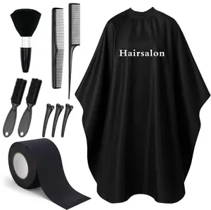 10 in 1 Barber Cape Kit, Hair Cutting Cape Neck Duster Brush Combs, Clips & Cleaning Supplies for Home Men Father Gifts Black Lightweight