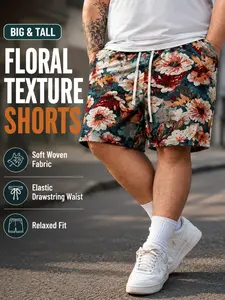 Plus Size Men's Casual Shorts, All over Print, Drawstring Waist, Slim-Fitting, Natural Waist, Summer Beach & Vacation Wear, Tropical