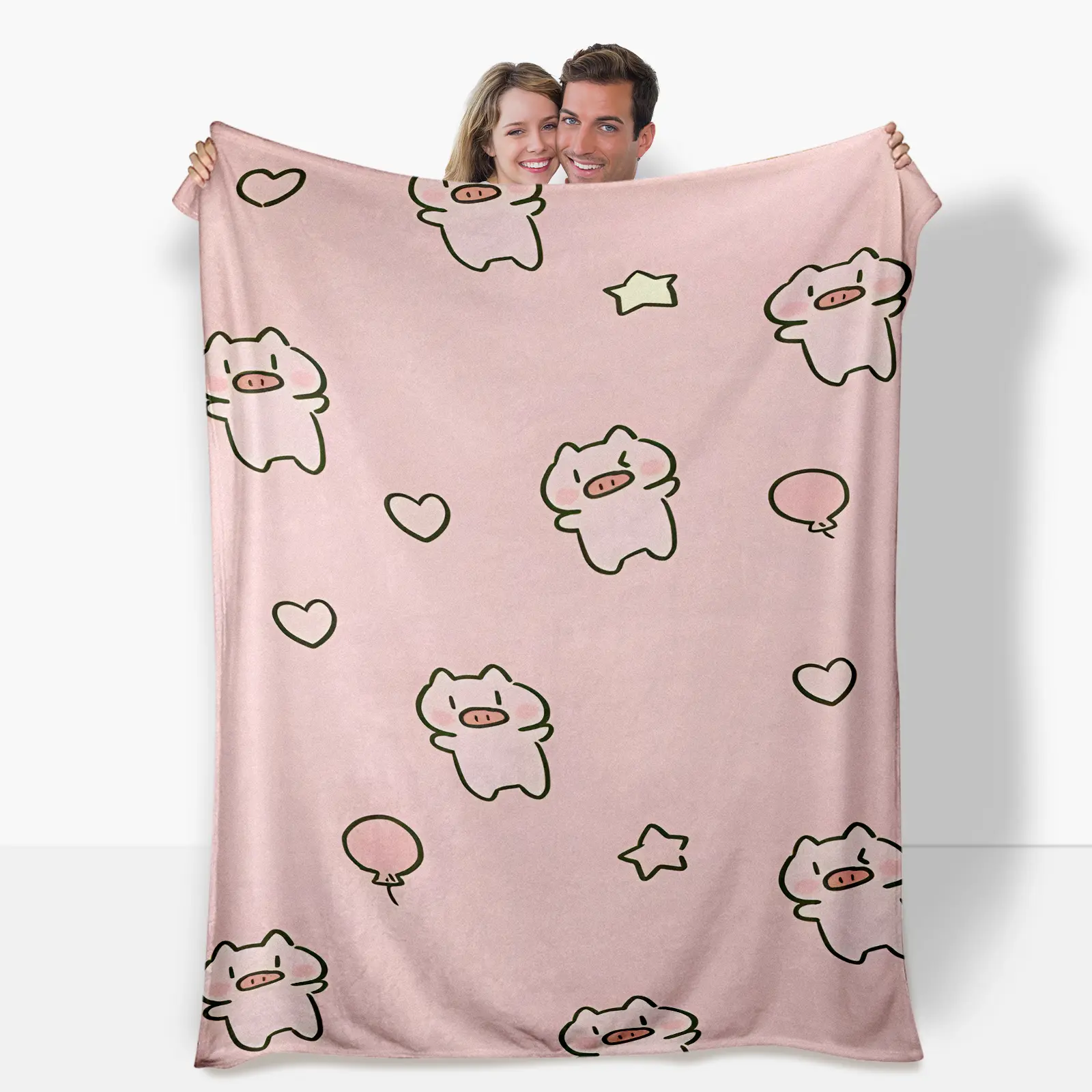 Cartoon Piglets-Hearts-Stars Flannel Throw Blanket - Cozy, Soft Fluffy Blanket for Family, Ideal for Naps and Sofa Decor, Cozy Throw Blanket