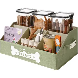 Dog Treat Container, Dogs Storage Organizer with Removable Dividers, Collapsible Dogs Treat Holder for Countertop, Trapezoid Pet Treats Containers, Dog Toy Basket with PU Handles, Medium, Green