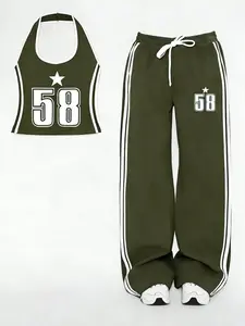 Women's Casual Sportswear Set, Halter Top and Long Pants Two-Piece, Y2K 58 Number Print, Spring Summer Leisure Wear, Athleisure Wear Set