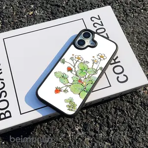 Watercolor Strawberry Plant with Flowers & Animals Pattern Print ,Phone Case for 11 12 13 14 15 16 17 Pro Max, Full Protection, Shockproof, Wear-resistant and Slim Cover. Perfect gift for birthdays, Valentine's Day or for couples