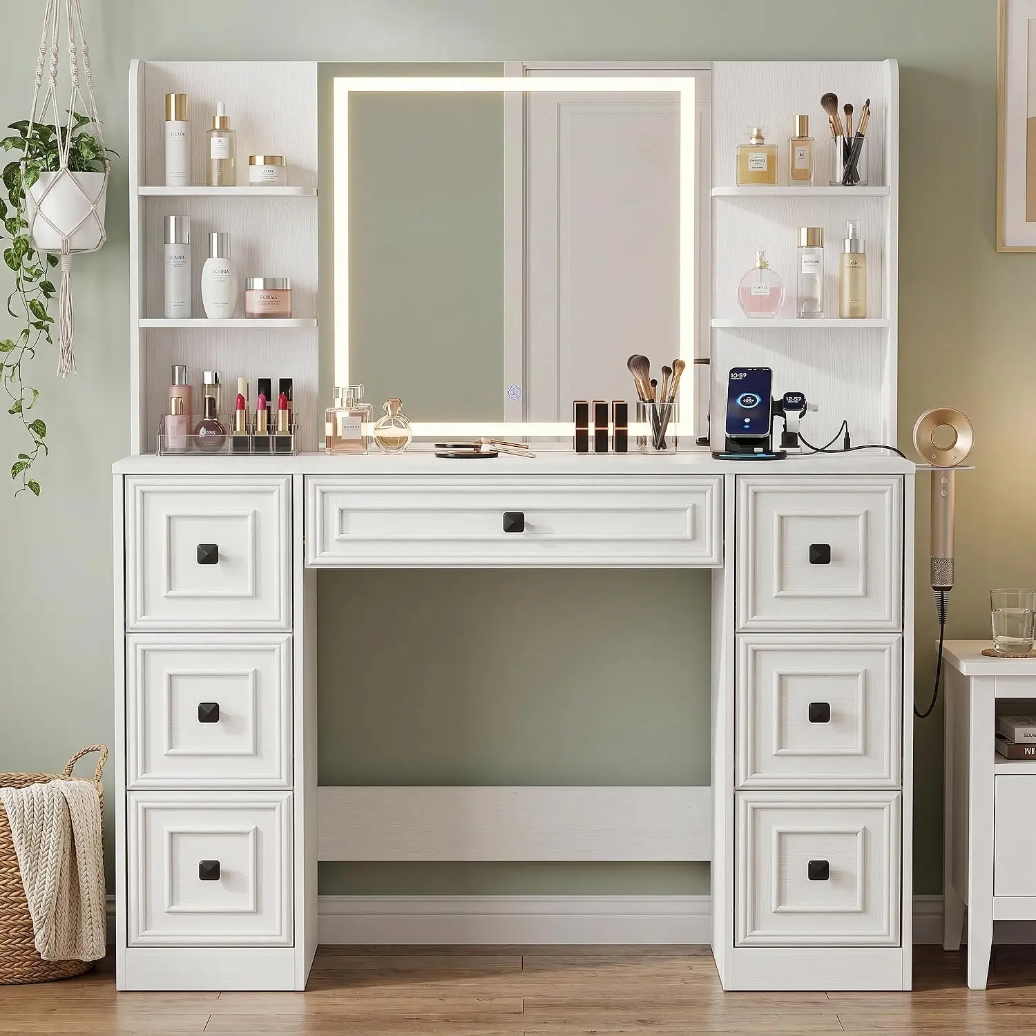 Furmax Makeup Vanity Desk with Mirror and Lights, Farmhouse Vanity Table with 7 Drawers, 3 Color LED Lighted Mirror, Charging Station with AC Outlets, USB & Type-C Ports, Hair Dryer Holder, White
