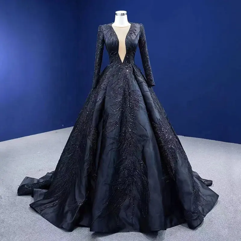 Stylish Sophistication: O-Neck Long Sleeves Black Ball Gown Evening Dress