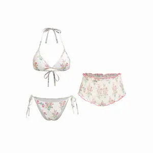 Cider Halter Neckline Floral Tie Side Bikini Set With Smocked Lettuce Trim Shorts