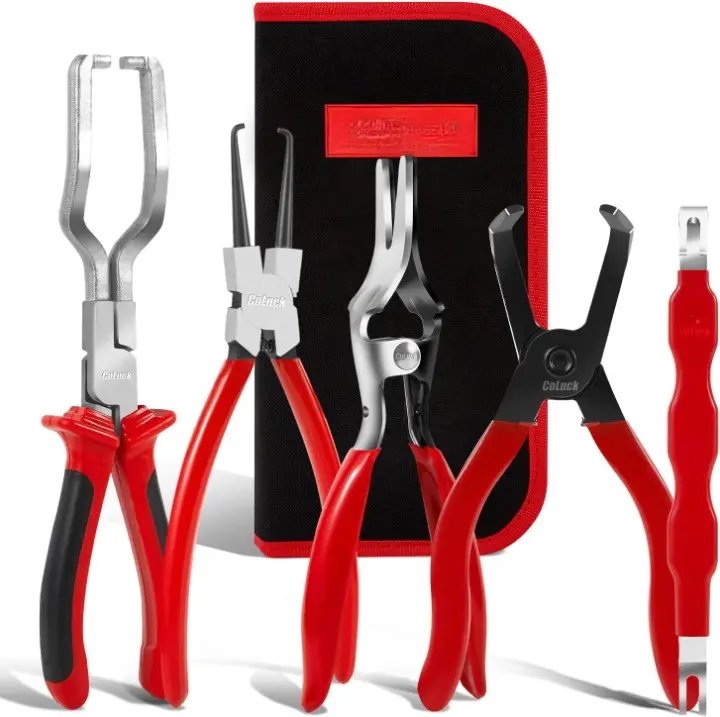 Electrical Disconnect Pliers Set 5-Piece for Automotive Fuel Line & Hose Removal Tools 9" Filter Caliper Clamp Clip Release Kit 80° Disconnect Set with Carry Case