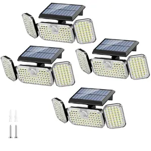 Solar Outdoor Lights 2500 Lm, 3-Head 270° Wide Angle Security Street Light with Motion Sensor, IP44 Waterproof, 3 Modes & Remote Control, 1/2/3/4 Pack for Yard, Patio, Garage, Driveway