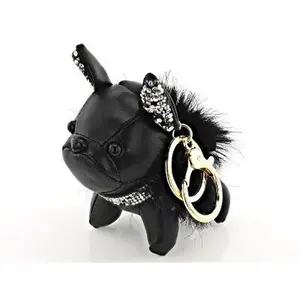 JTV Imitation Black Leather White Crystal Gold Tone French Bulldog Handbag Charm