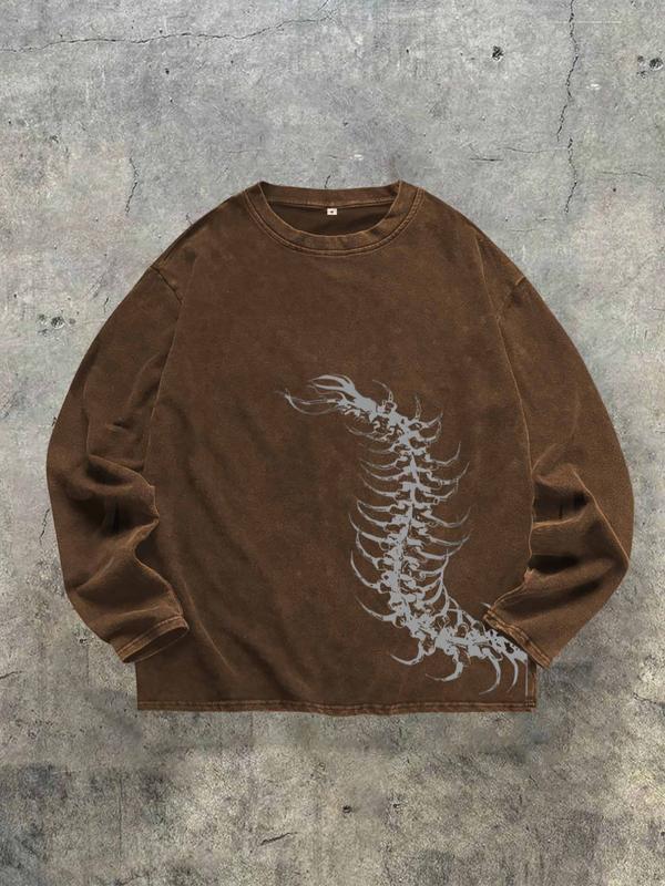 Men's Washed Vintage Round Neck Long Sleeve T-Shirt, Casual Fashion Tee for Daily Wear, Comfortable Cotton Material, Perfect for Spring & Fall