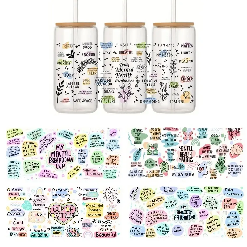 5pcs Mental Health Theme UV DTF Cup Wraps Decals, Mood Calming Stickers, Transfer Printing Waterproof Self-Adhesive Transfer Paper for Mug Water Bottle Cup, DTF Transfer Paper for 16 OZ Glass Can Wraps, Label Waterproof And Scratch Resistant, DIY Crafts