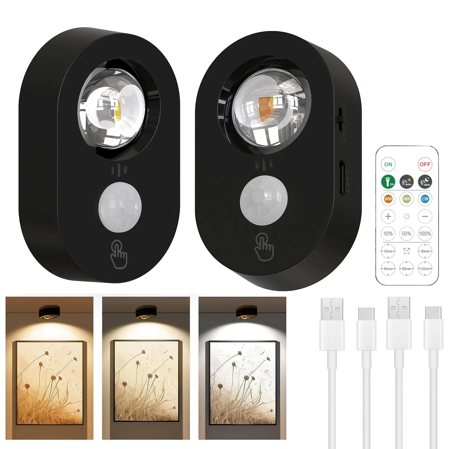 HEDCINLT Secondary Rechargeable 2-LED Wireless Mini Wall Spotlight - Dimmable Uplight with Timer Remote, Auto Shut-Off, Adjustable Design, Batteries, USB Cables for Displaying Artwork, Closets (All Seasons Use)