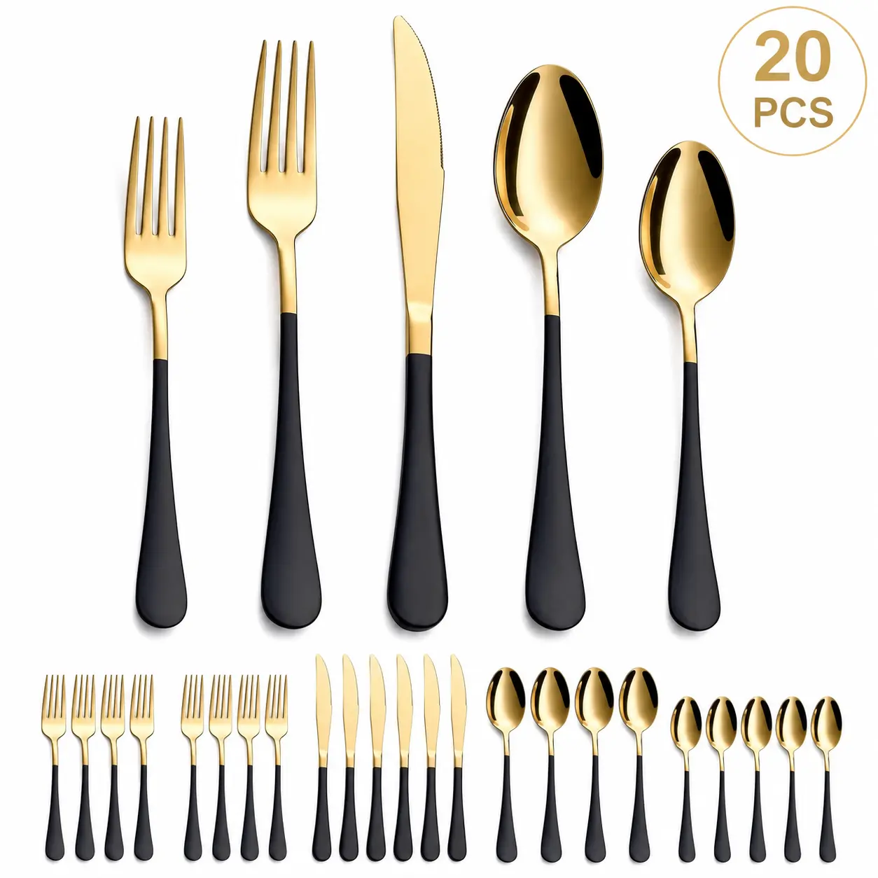 Modern 20-Piece Black & Gold Stainless Steel Metal Cutlery Set - 18/0 Tableware for Dining Table, Service for 4, Colorful Handle Flatware, Mirror Polished, Dishwasher Safe, Includes Dinner Knives, Forks, Spoons, Teaspoons