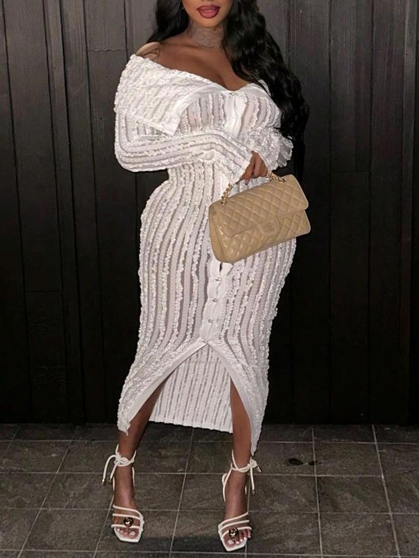 Women'S Off-Shoulder Long Sleeve Knitted Dress SHEIN