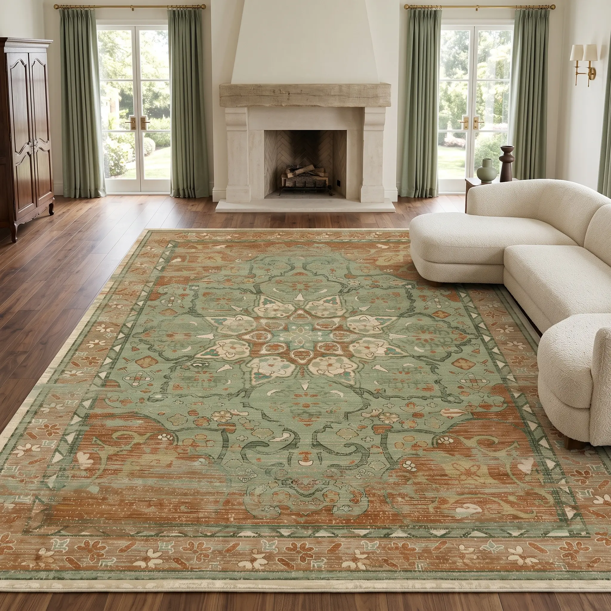 RUGIXE Faux Cashmere Washable Green Boho Floral Area Rug 5x7 6x9 8x10, Heavyweight Soft Low Pile Rug with TPR Non Slip Backing, Foldable Durable Vintage Floral Carpet for Living Room Bedroom Nursery Dining Room sohochic