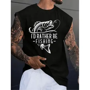 Large Men's Summer Pure Cotton Casual Sports Vest - Fishing Print - Casual Loose Fit, Quick Drying and Sweat Absorbing, Comfortable, Soft and Breathable Round Neck Pullover, Machine Washable for All Seasons, Perfect Interior, Summer Sports Vest