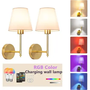 2-Piece Cordless Battery-Powered Fabric Wall Sconces, Decorative Wall Lamp, Touch Switch, 1200mAh, Detachable, With RGB Bulbs, Remote-Controlled Dimmable, Timing Function, Suitable For Living Room, Bedroom, Study, Bedside, Ambient Wall Lighting