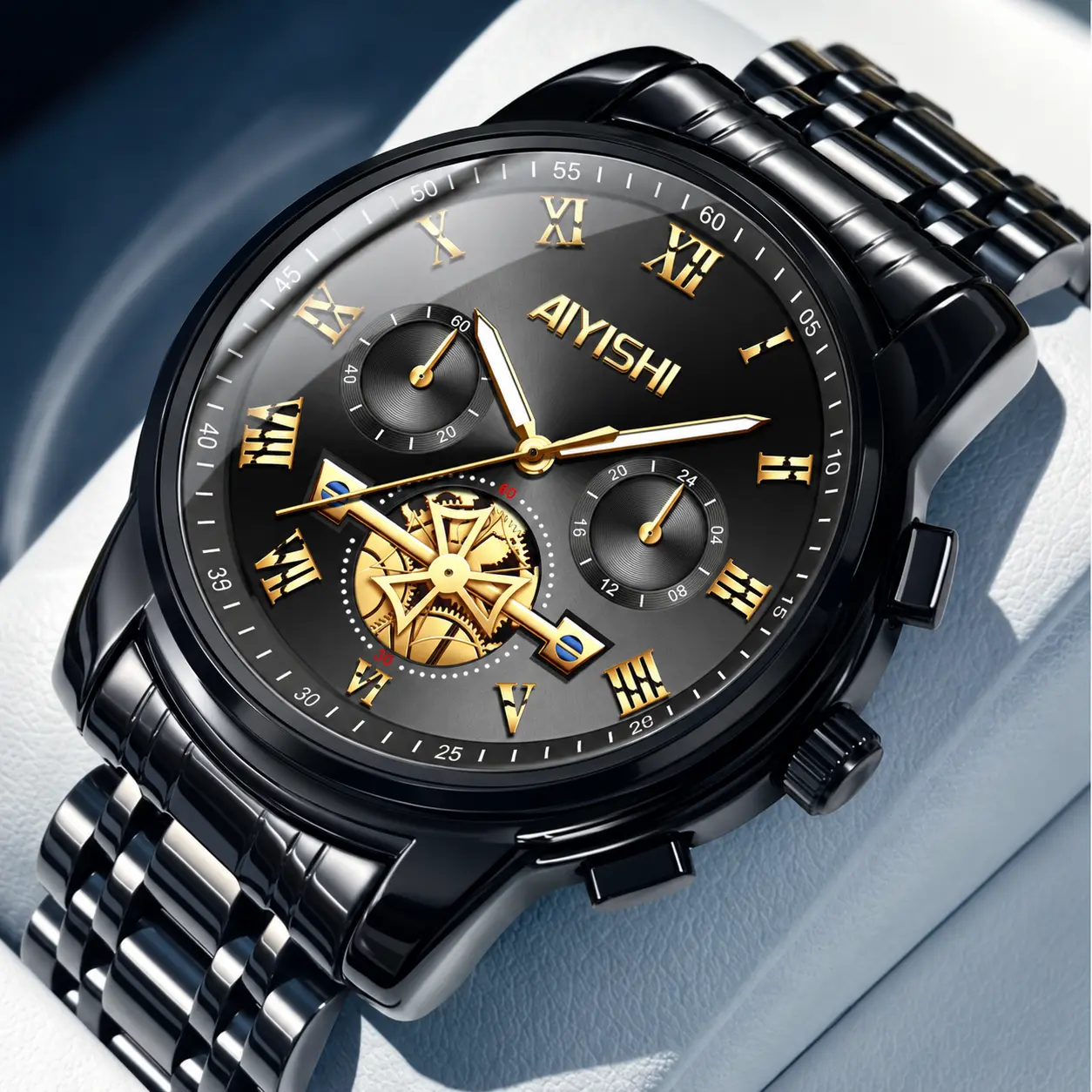 AIYISHI Men's Luxury Business Chronograph Quartz Watch Black Stainless Steel Waterproof Luminous Roman Numerals Analog Wristwatch Mechanical Style 30M Waterproof Fashion Casual Trendy Male Watch Set Perfect Birthday  Anniversary Gift with for Men 2316