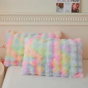 2 Pieces Fluffy Faux Rabbit Fur Pillow Cases Luxury Soft Plush Shaggy Bubble Pillowcases Standard Size with Zipper Furry Fuzzy Pillow Shams for Adult Girls Kids Teens 20x26 Rainbow