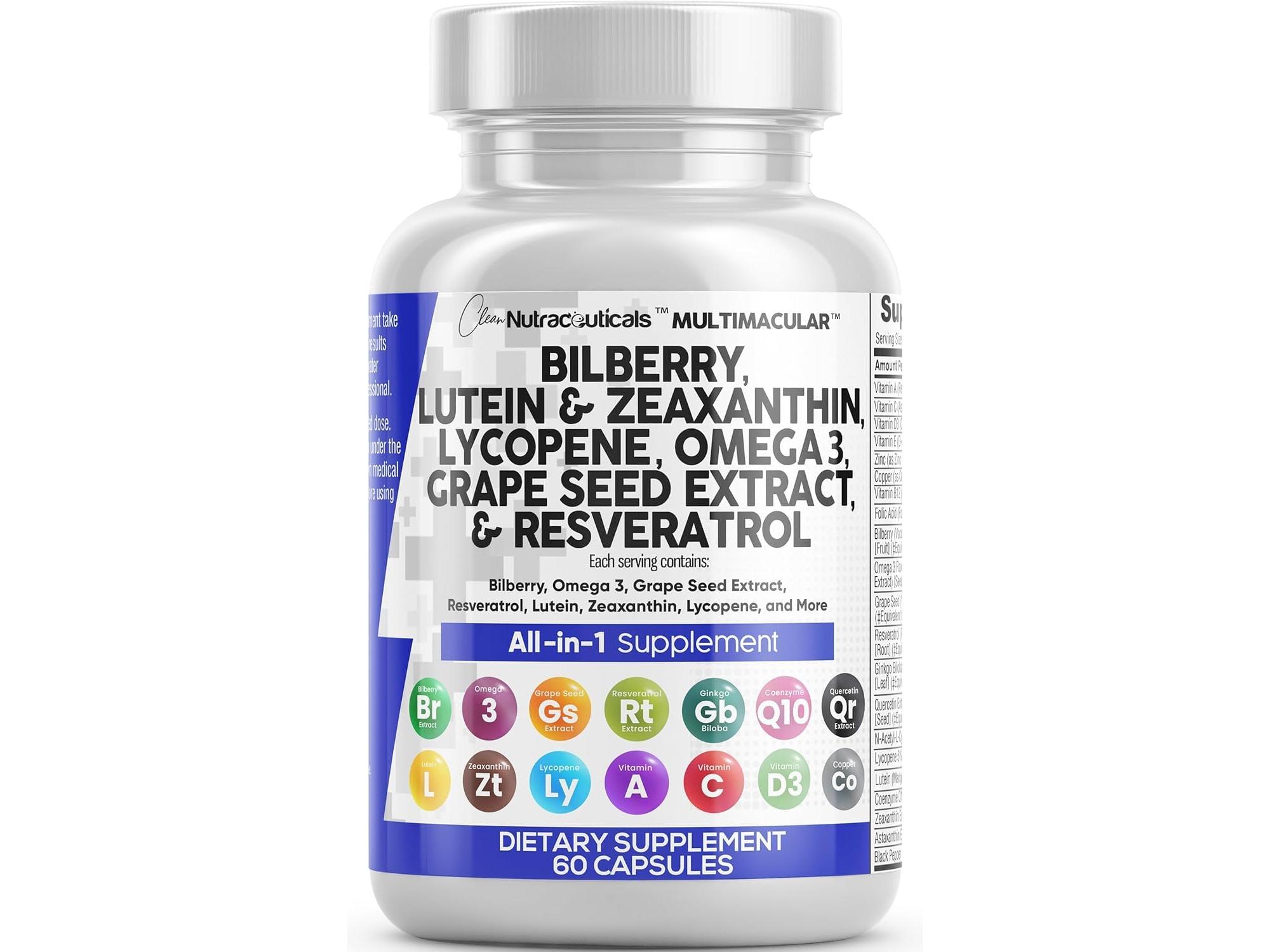 Clean Nutra Bilberry, Lutein & Zeaxanthin, Lycopene, Omega 3, Grape Seed Extract & Resveratrol for Eye Health Vitamins - MultiMacular