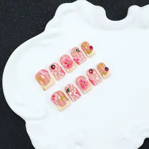 Handmade Nail Tips Set of 10, Reusable Insect Design, Nail Art Design, 3D Carved Polka Dot, French Edge, Y2K Style, Handmade Press On, Perfect Gift for Women and Girls, Including a tool kit, Handmade Reusable Nails