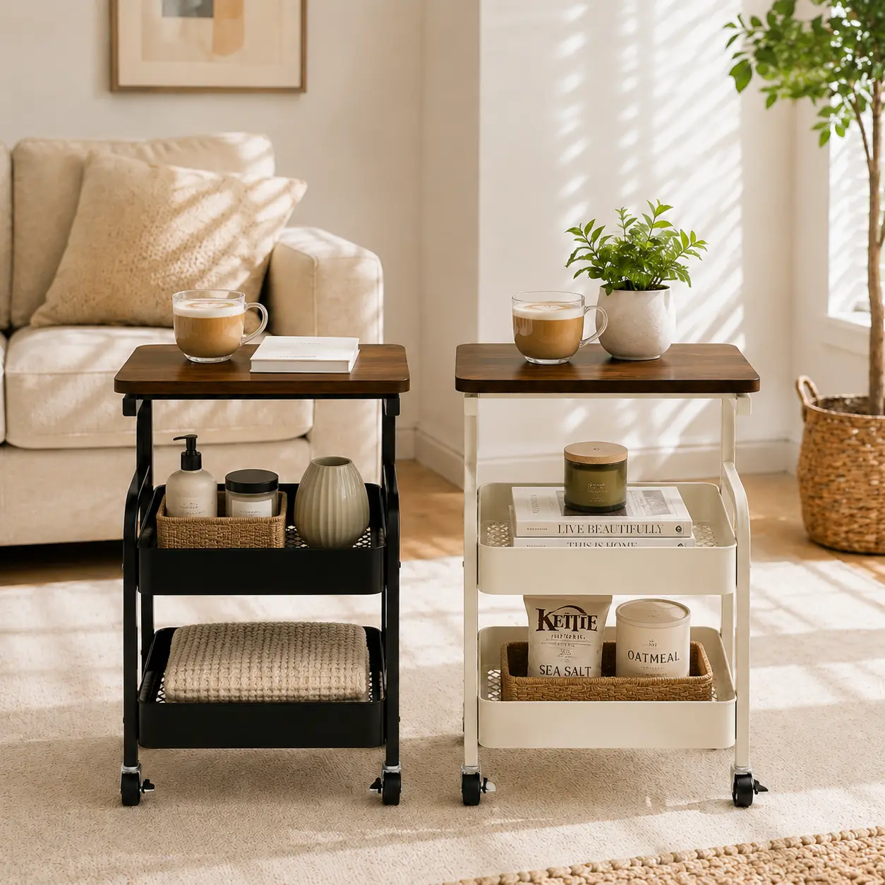 Rolling Side Table Storage Cart With Wood Top