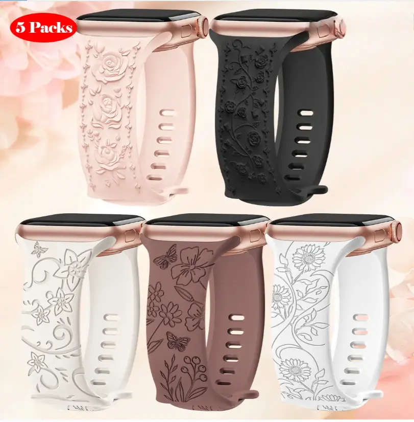 5-Pack Floral Print Silicone Smartwatch Strap Set - Soft, Breathable, Adjustable Compatible Bands (38-49mm) for Sports, Outdoor Activities (Wearable Tech Accessories)