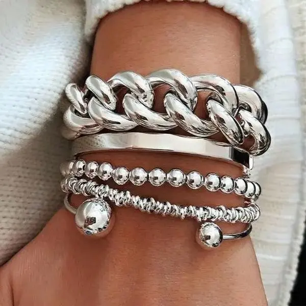 5PCS Fashion Chain Style Open Cuff Bracelet Set for Women, Ideal for Holiday Gifts, Perfect for Dates and Parties, Adjustable Bangle Jewelry