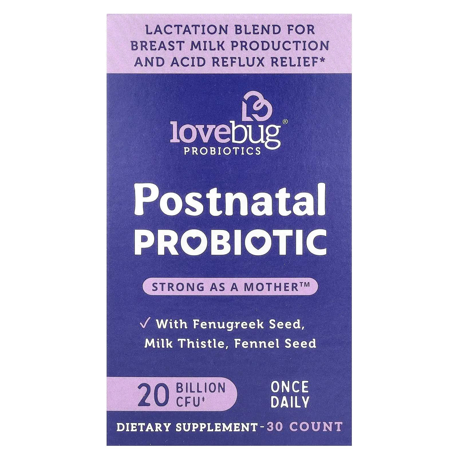 LoveBug Probiotics Postnatal Probiotic, 20 Billion CFU, 30 Capsules