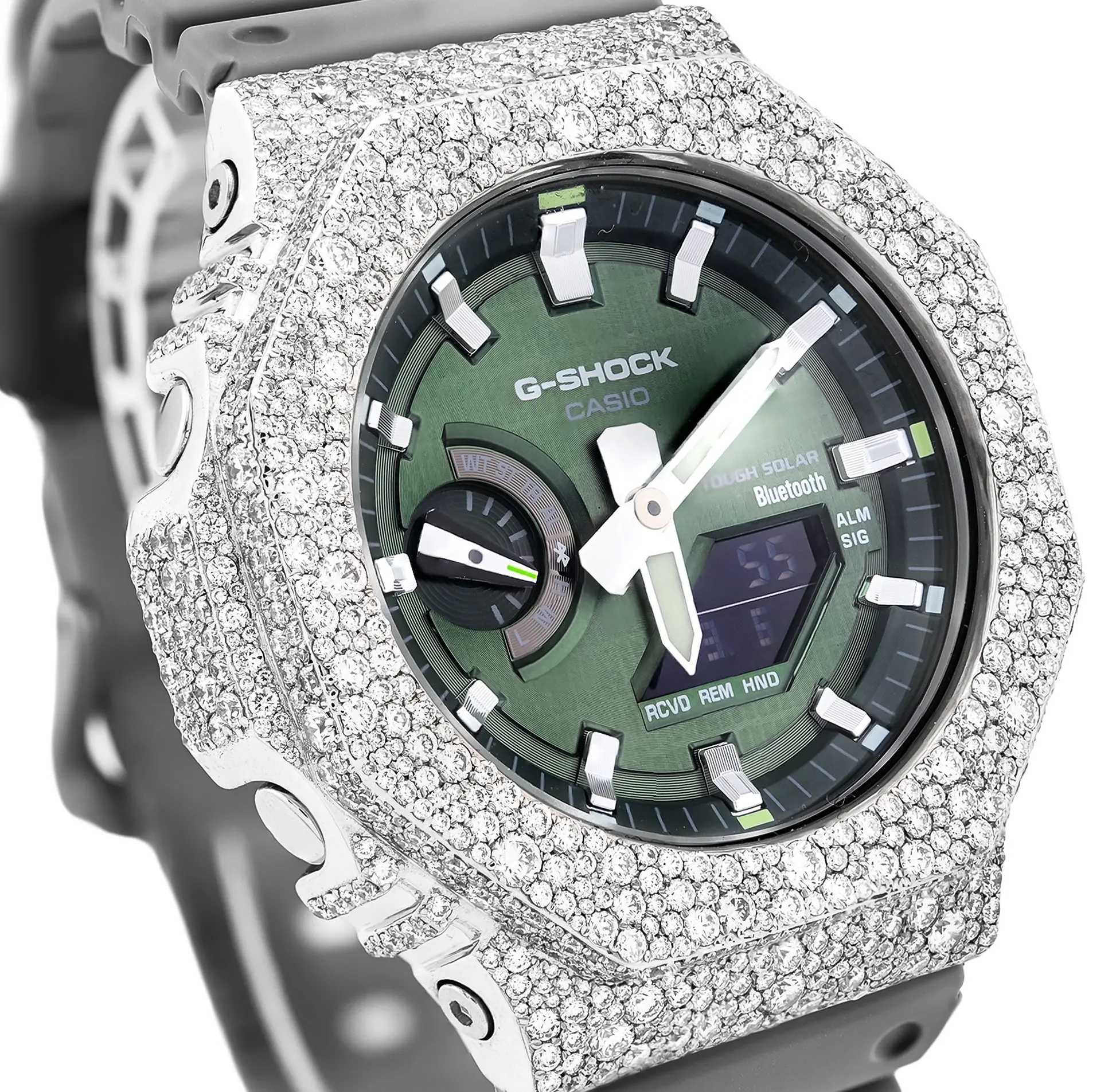 G-Shock GM2100 8.20CT Natural Diamond Mosaic Set Green Dial Grey Strap Men Watch