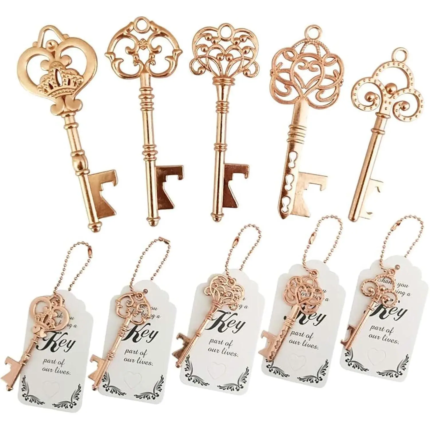 50 Wedding Favors Key Bottle Openers Bridal Shower Party With Thank You Card Tag And Chains For Guests Or Souvenirs Bulk(rose Gold)