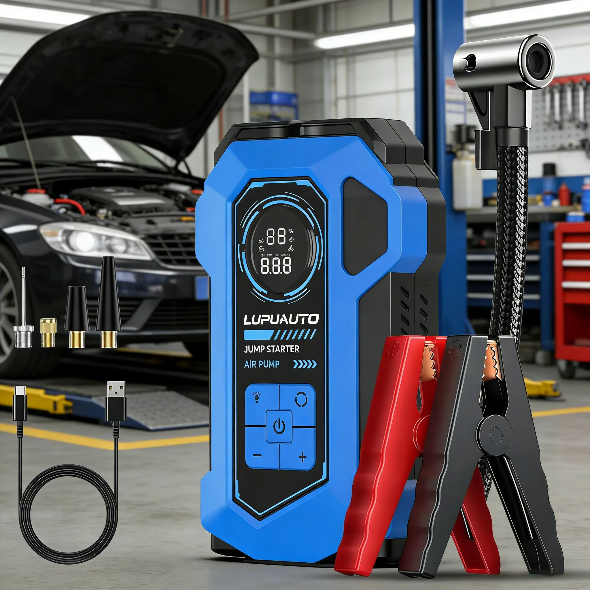 Portable Automotive Jump Starter Box - 6000mAh Car Accessories with Air Compressor, Display Screen, LED Light, Multi-Car Adapter, Ball Inflation Ports