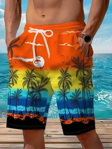 Men's Quick-Dry Polyester Shorts, Swimming Trunks, Tropical Hawaiian Print, Vibrant Palm Trees and Sun Design, Elastic Waist with Drawstring, Beachwear