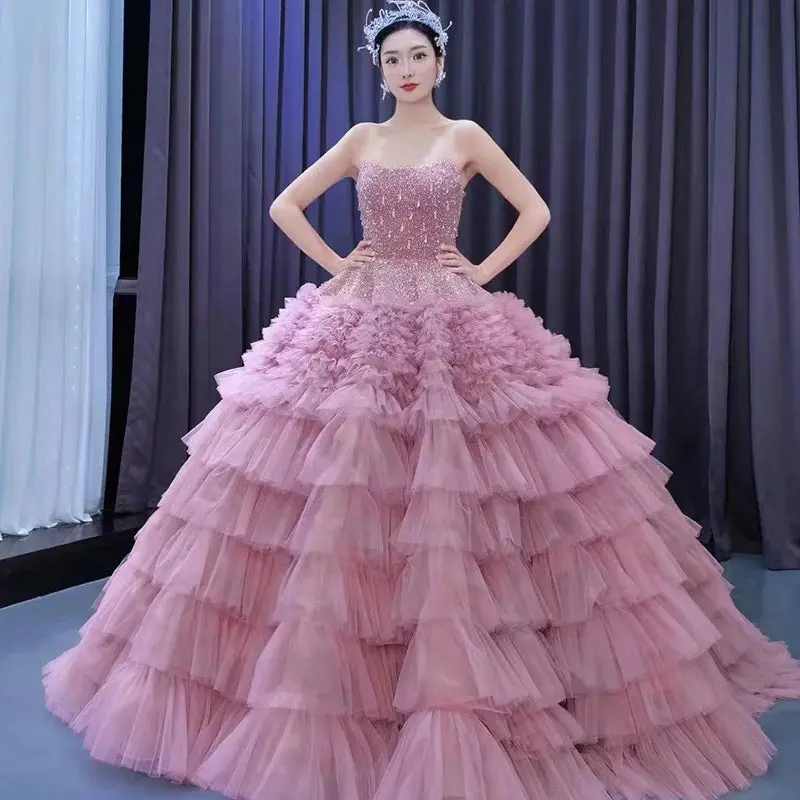 Pink Perfection: Sleeveless Ball Gown Evening Dress for Women