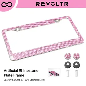 Artificial Rhinestone Car License Plate Frame Premium Stainless Steel Universal Car Accessories Women Bling Sparkle Glitter Acrylic Tag Holder Pink Sparkly HD Number Plate Cover Crystal Cap Car Decor Holiday Gift
