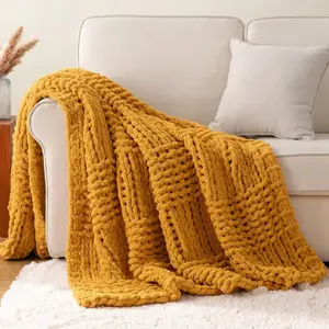 Mustard Yellow Throw Blanket for Couch, Chunky Knit  Blanket Throw with Chenille Yarn for Bed Living Room  Decor, 50"x60"