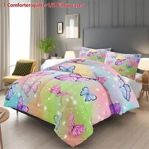 3-piece Rainbow Watercolor Butterfly Quilted Bedding Set, Soft and Breathable Digital Print Polyester Bed Linens (1 Quilt + 2 Pillowcases, Pillow Inserts Not Included). The quilt features 200gsm filling and is crafted with U-shaped quilting. Ideal for bed