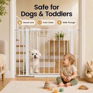 Baby Gate for Stairs Doorways & Kitchen, 29"-40.5" W x 30" H, Pressure Mounted Dog Gate, Auto-Close Easy Walk Through, Safety Gate for Dogs & Toddlers, White