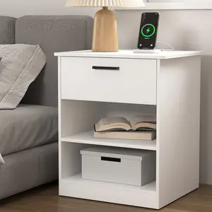 Spaco Modern White Nightstand - Built-in Charging Station, 1 Drawer, 2 AC Outlets, USB/Type-C Ports, Waterproof Surface, Ball Bearing Slide