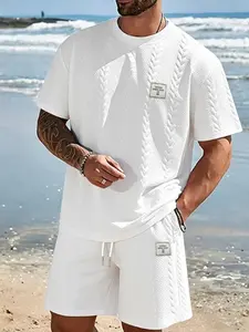 Men's Classic Versatile 2-Piece Set, Twisted Striped Embroidered Round Neck Short Sleeve T-Shirt + Elastic Waist Sporty Shorts Set