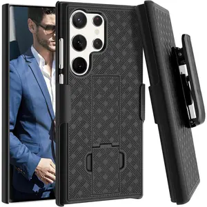 For Samsung Galaxy S24 Ultra Case With Belt Clip Holster Case Slim Combo Shell With Kickstand Swivel Holster Rugged Shockproof Antiscratch Protective CAs,Black