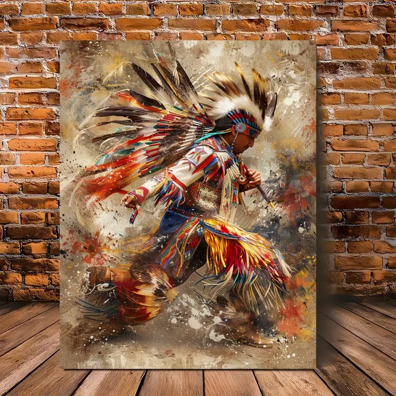 2D Flat, 1-piece Native American Wall Art Framed Canvas Painting - Rustic Pine Wood Frame, Suitable for Home, Office, Classroom Decoration, Vibrant Native American Dancer, Surrounding Frame, Used for Cultural Decoration, Detailed Clothing, 2D Flat