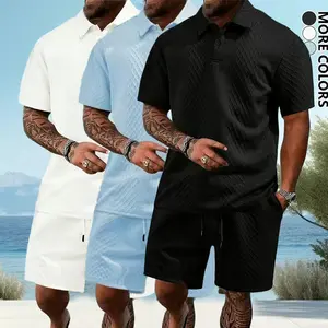 Trendy men's solid-color two-piece casual set featuring a polo shirt and shorts with a drawstring waist! Casual collared top and athletic shorts with pockets — a complete men’s outfit, summer casual suit—an absolute must-have!, Menswear, Shortsleeve