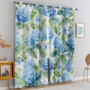 2 Panels Hydrangea Floral Printed Curtains, Watercolor Spring Flower Darkening Curtains, Botanical Pattern Decoration Curtains, Elegant Garden Style Light Blocking Window Treatments for Bedroom Living Room