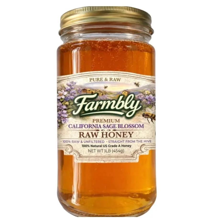 Farmbly California Sage Blossom Raw Honey, Unfiltered & Unpasteurized Honey, Pure California Honey, Natural Sweetener with Floral Taste, Premium Glass Jar for Tea, Coffee & Baking, 16 oz