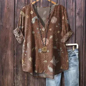 Cherrybetty Women's Retro Floral Print V-Neck Button Detailed Three Quarter Sleeve Cotton Top for Casual Wear Blouses Shirts Women Vintage graphic Top Casual Style 2000s cute clothes for Teachers and Moms