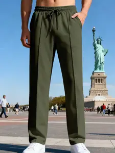 Men's Trendy Fashion Wide Leg Pants, Drawstring Waist Side Seam Stitching, American Casual Style, Outdoor Spring Fall Comfortable Long Pants