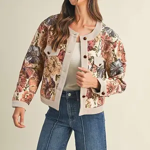 Flower Jacquard Button Down Jacket - Women's Floral Print Bomber Coat with Front Buttons and Pockets