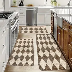 Checkered Fringe Area Flannel Kitchen Floor Mat with Checkered Pattern and Classic Design, Non Slip Bottom