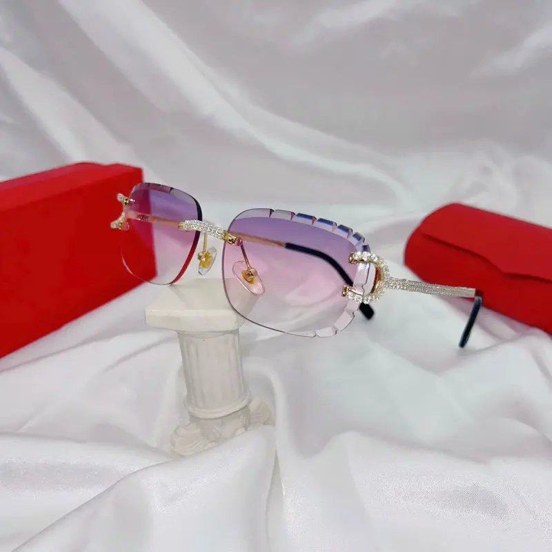 New Cut Purple Pink Lens Sunglasses square Rimless Sunglasses High Quality Unisex Diamonds Shiny Sun Glasses Rhinestones Sunglasses